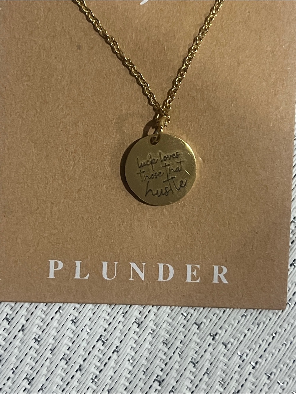 Plunder Design "Luck Loves Those That Hustle" Gold Pendant Necklace.